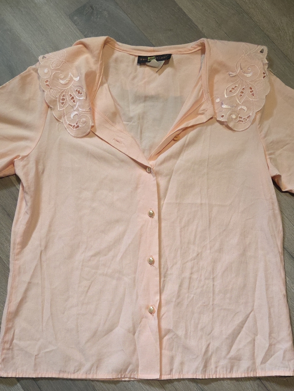 LAST CHANCE Vintage Embroidered Scallop Collar Button-Down Shirt in Light Peach